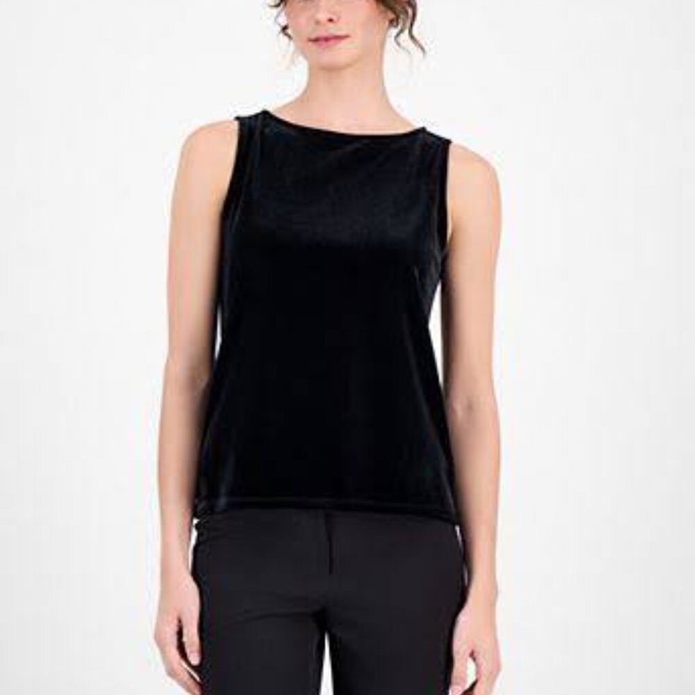 Eileen Fisher Black Velvet Bateau Boat Neck Tank Top Blouse XS